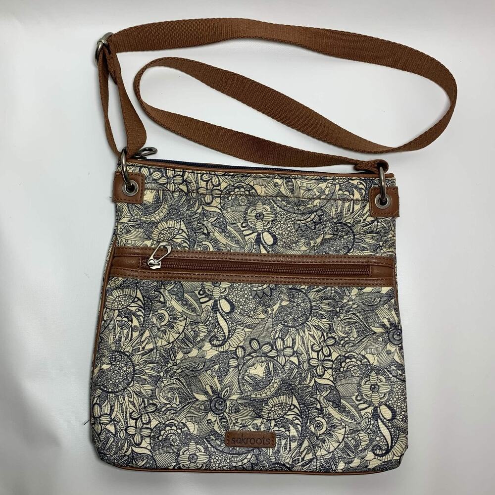 Sakroots Artist Circle Flat Crossbody Bag Blue Beige Floral Brown Strap